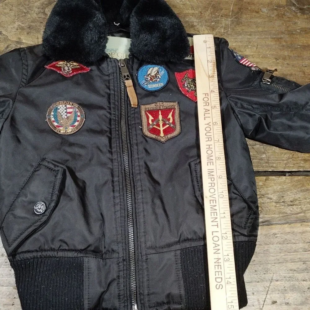 Tommy Top Gun Bomber Jacket Coat 2T Black Patches Military Full Zip Faux Fur